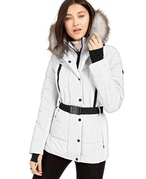 michael kors active faux fur trim belted puffer coat